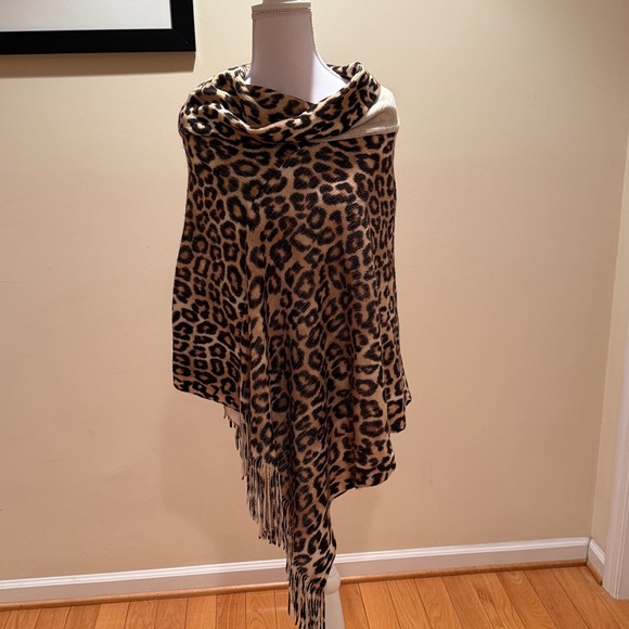 Chico's Sweaters - Chico's Animal Print Cowl Neck Poncho with Fringe Boho One Size